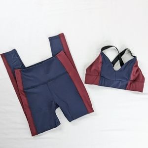 Beyond Yoga Navy and Burgundy Color Block Leggings Set